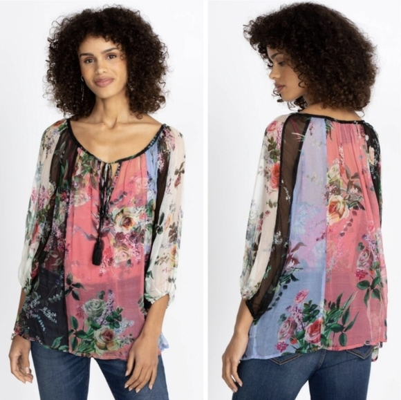 Johnny Was XL Gisele Peasant Top Silk Jade Floral Sheer Lightweight Airy Tassels - Picture 1 of 13
